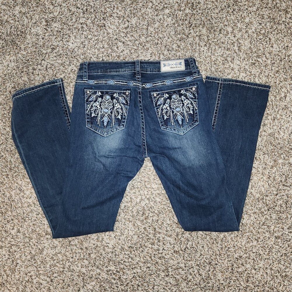 Grace in LA Women’s Easy Fit Mid-Rise Bootcut Jeans Feather Embroidery Bling Siz - Picture 3 of 14